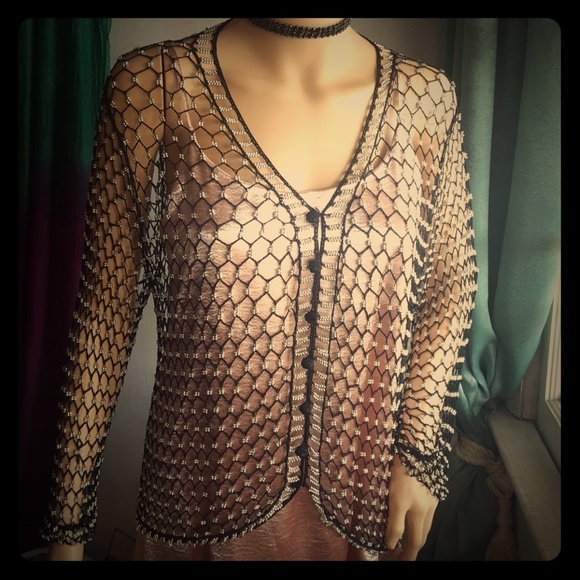 Vintage Tops - ✴Vintage Black Knit Silver Bead Top M/L 🔱